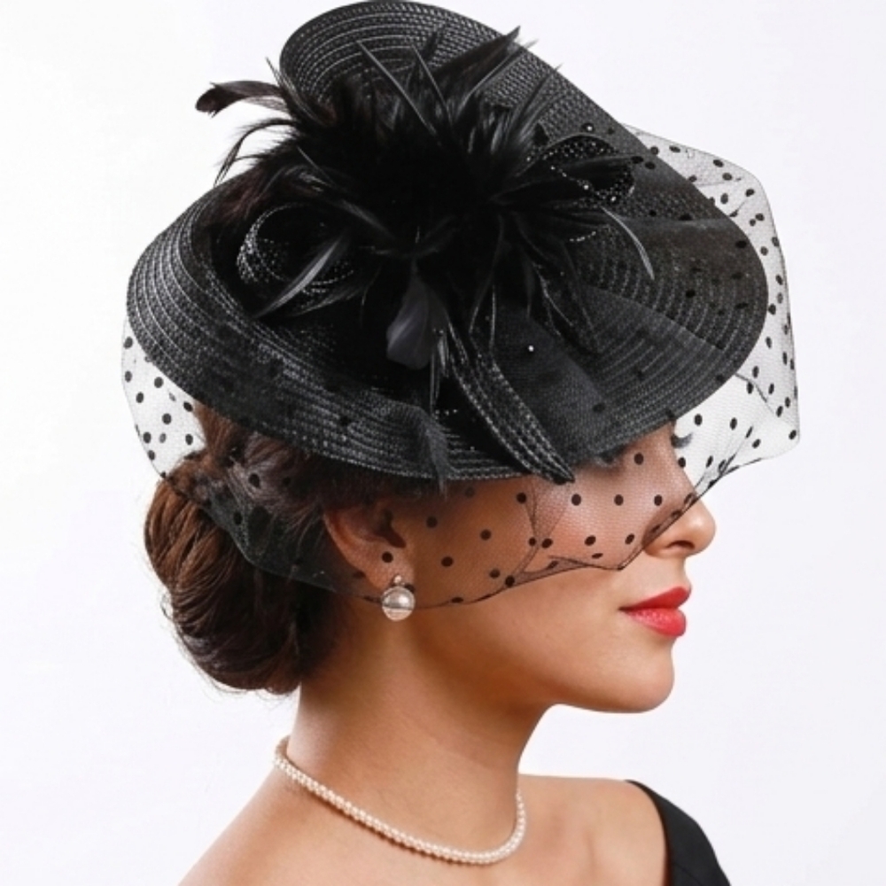 Elegant Black Dotted Veil Feathers Church Hat Tea Brunch Kentucky Derby Funeral